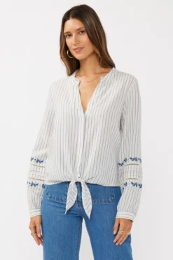 Elliott Long Sleeve Front Tie Stripe Print Top Blue