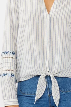 Elliott Long Sleeve Front Tie Stripe Print Top Blue