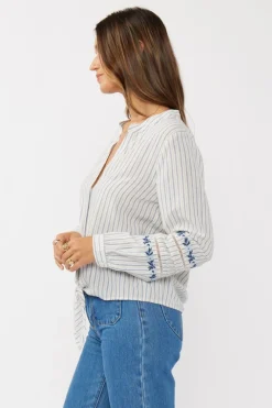 Elliott Long Sleeve Front Tie Stripe Print Top Blue