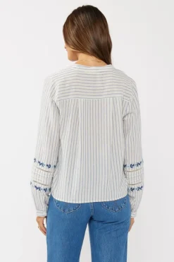 Elliott Long Sleeve Front Tie Stripe Print Top Blue