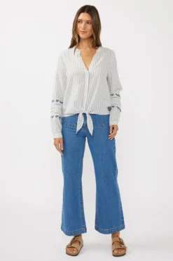 Elliott Long Sleeve Front Tie Stripe Print Top Blue