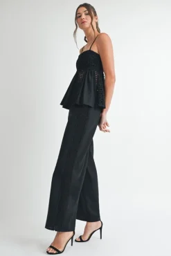 Emerson High Waist Crochet Wide Leg Linen Pants Black