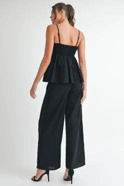 Emerson High Waist Crochet Wide Leg Linen Pants Black
