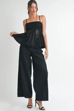 Emerson High Waist Crochet Wide Leg Linen Pants Black