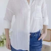 Emma Long Sleeve Button Down Textured Top White