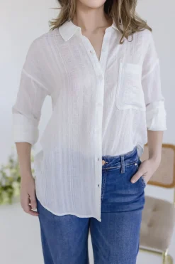 Emma Long Sleeve Button Down Textured Top White