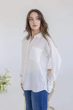 Emma Long Sleeve Button Down Textured Top White