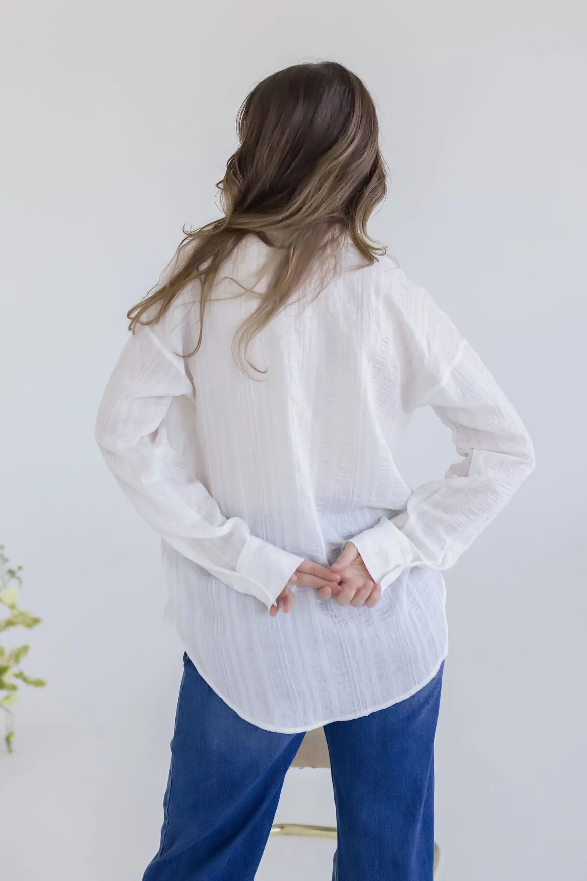 Emma Long Sleeve Button Down Textured Top White