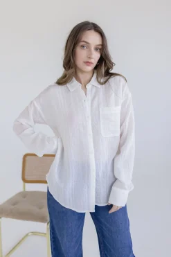 Emma Long Sleeve Button Down Textured Top White