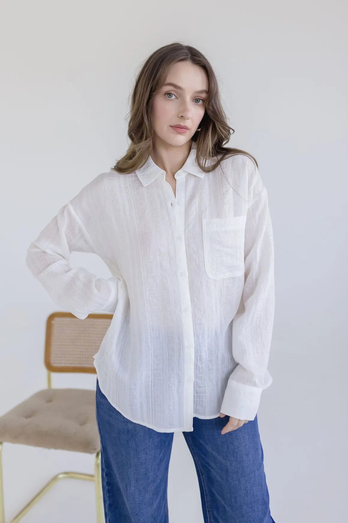 Emma Long Sleeve Button Down Textured Top White