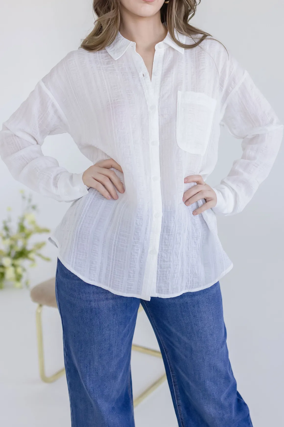 Emma Long Sleeve Button Down Textured Top White