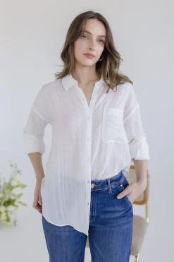 Emma Long Sleeve Button Down Textured Top White