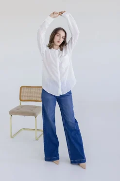Emma Long Sleeve Button Down Textured Top White