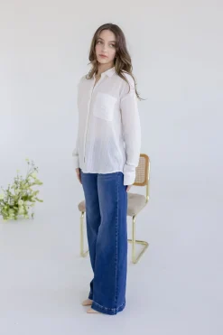Emma Long Sleeve Button Down Textured Top White