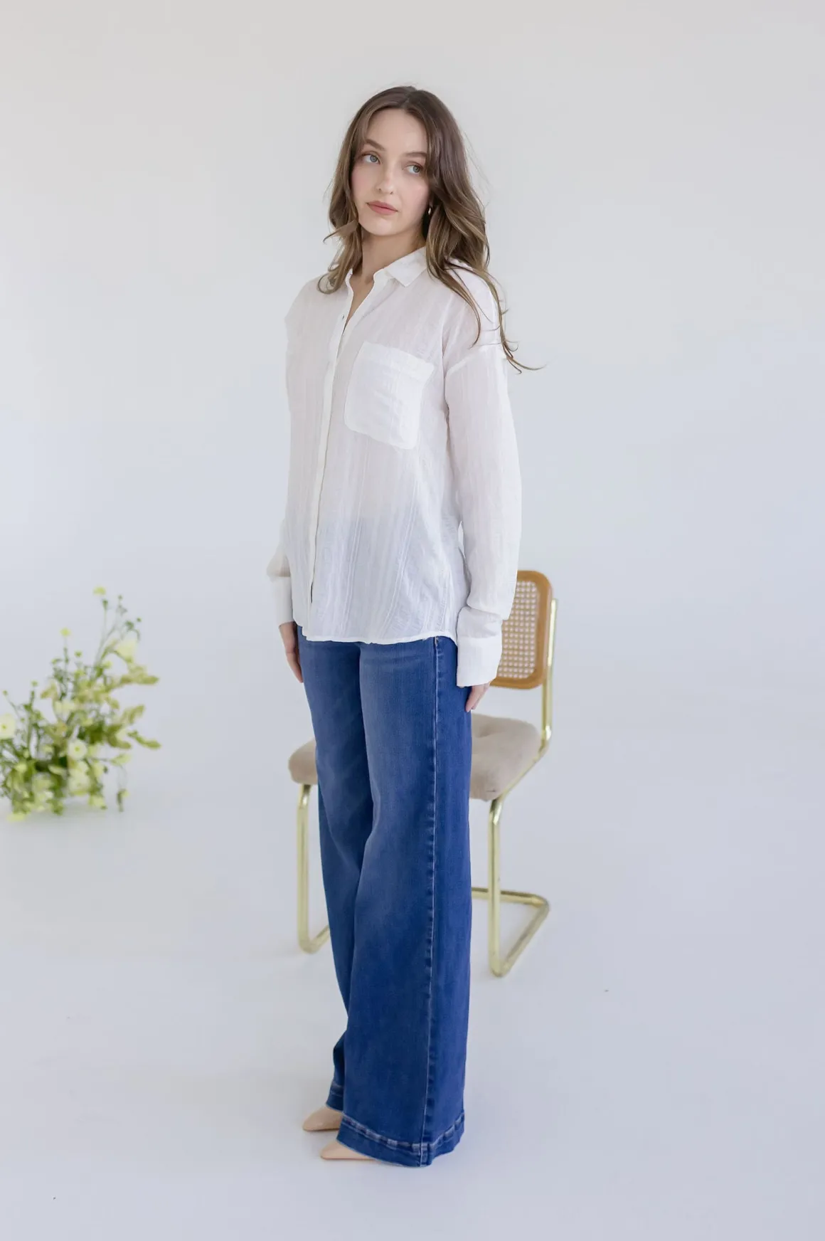 Emma Long Sleeve Button Down Textured Top White