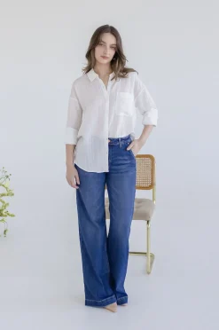 Emma Long Sleeve Button Down Textured Top White