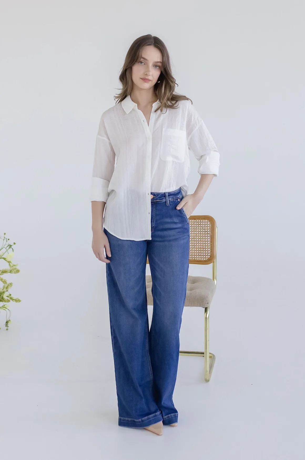 Emma Long Sleeve Button Down Textured Top White