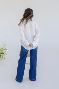 Emma Long Sleeve Button Down Textured Top White