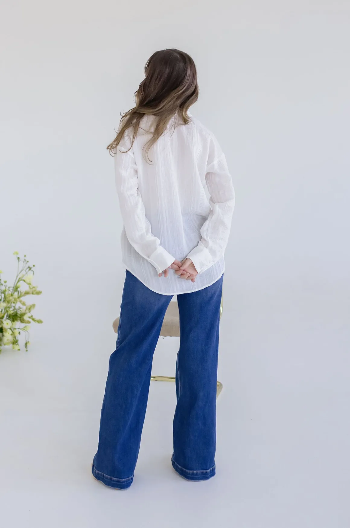 Emma Long Sleeve Button Down Textured Top White
