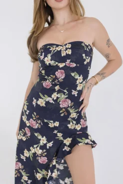 Emmy Sleeveless Floral Print Asymmetrical Hem Maxi Dress Black