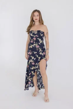 Emmy Sleeveless Floral Print Asymmetrical Hem Maxi Dress Black