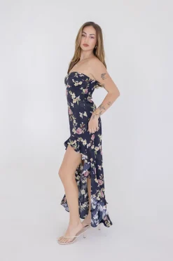 Emmy Sleeveless Floral Print Asymmetrical Hem Maxi Dress Black
