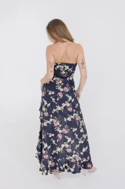 Emmy Sleeveless Floral Print Asymmetrical Hem Maxi Dress Black