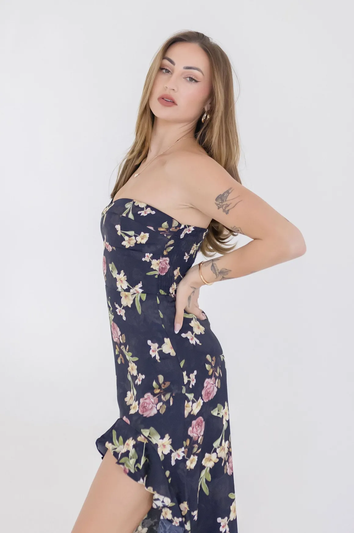 Emmy Sleeveless Floral Print Asymmetrical Hem Maxi Dress Black