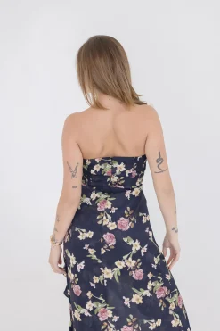 Emmy Sleeveless Floral Print Asymmetrical Hem Maxi Dress Black