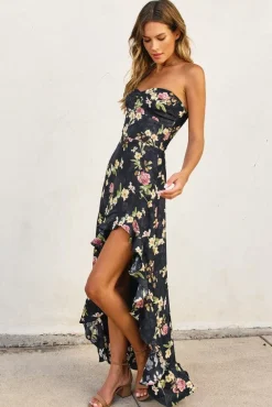 Emmy Sleeveless Floral Print Asymmetrical Hem Maxi Dress Black