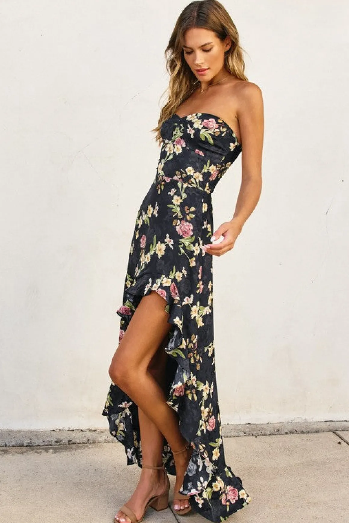 Emmy Sleeveless Floral Print Asymmetrical Hem Maxi Dress Black