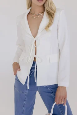 Estelle Long Sleeve Notched Lapel Front Tie Blazer White