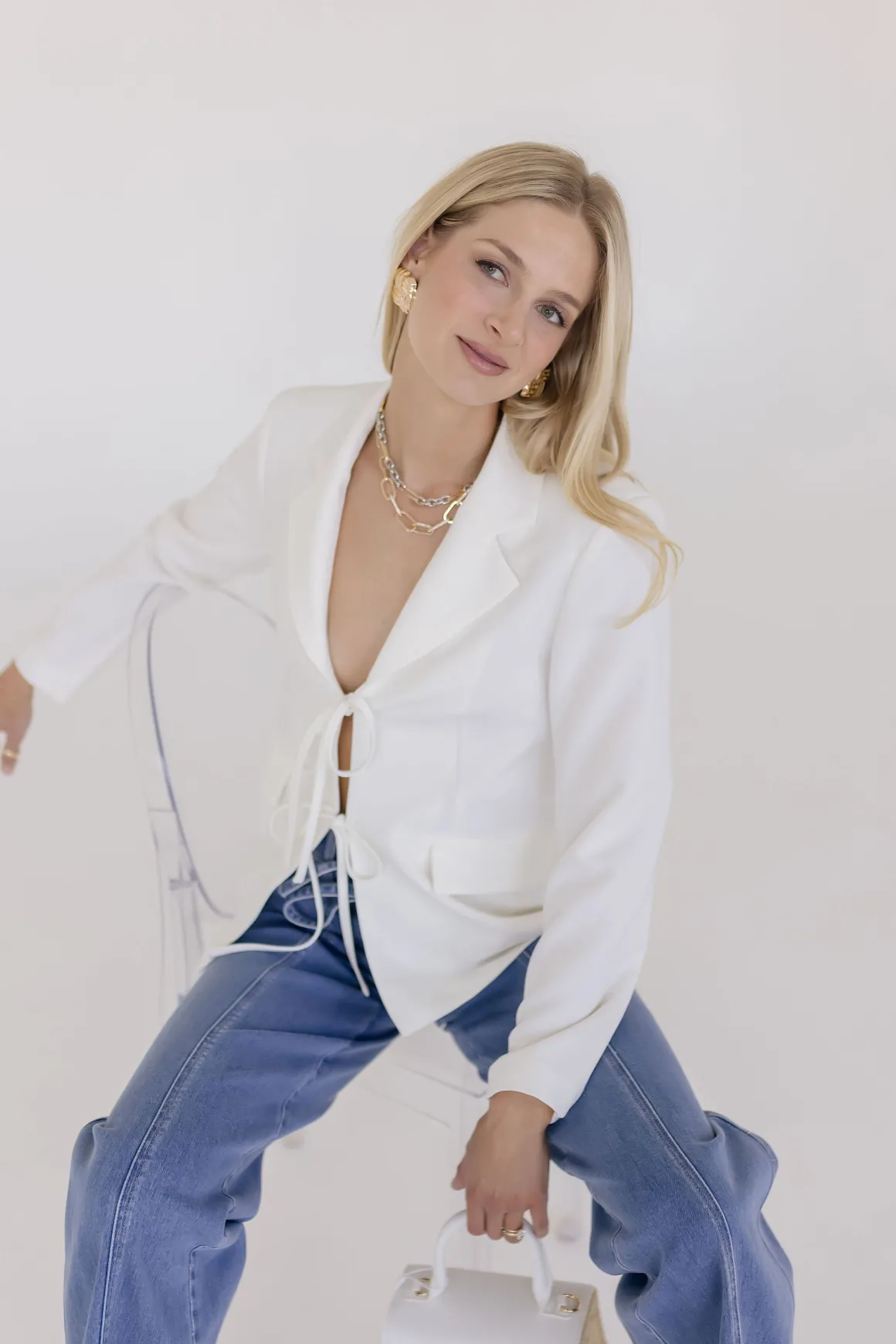 Estelle Long Sleeve Notched Lapel Front Tie Blazer White