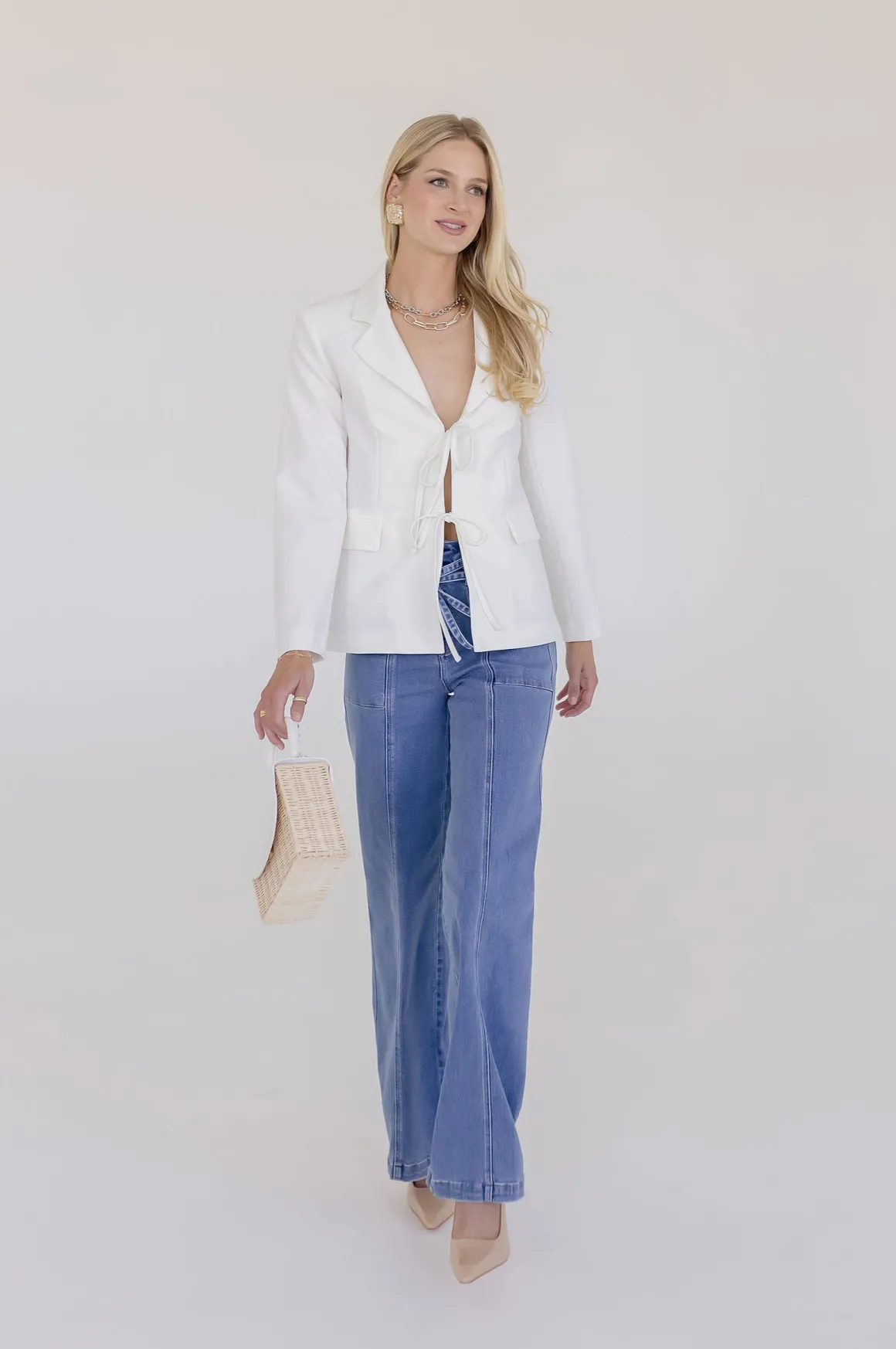 Estelle Long Sleeve Notched Lapel Front Tie Blazer White