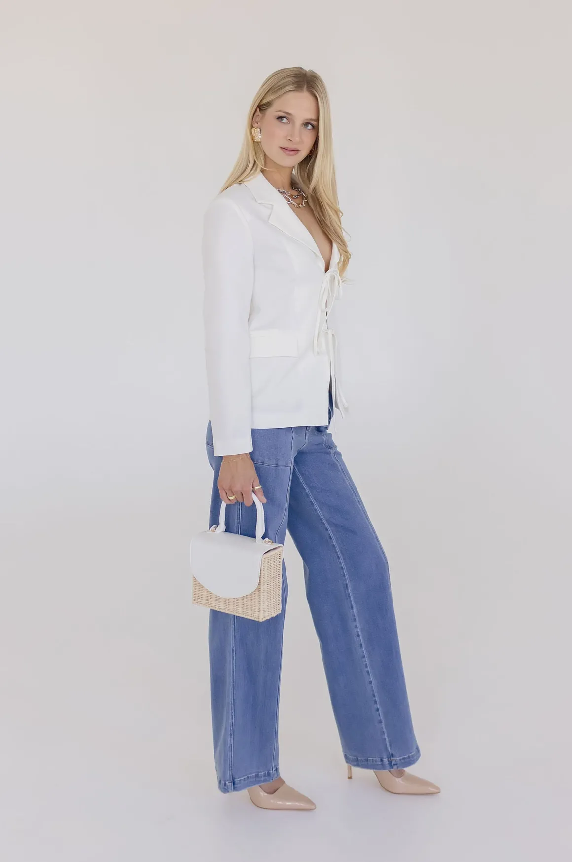 Estelle Long Sleeve Notched Lapel Front Tie Blazer White