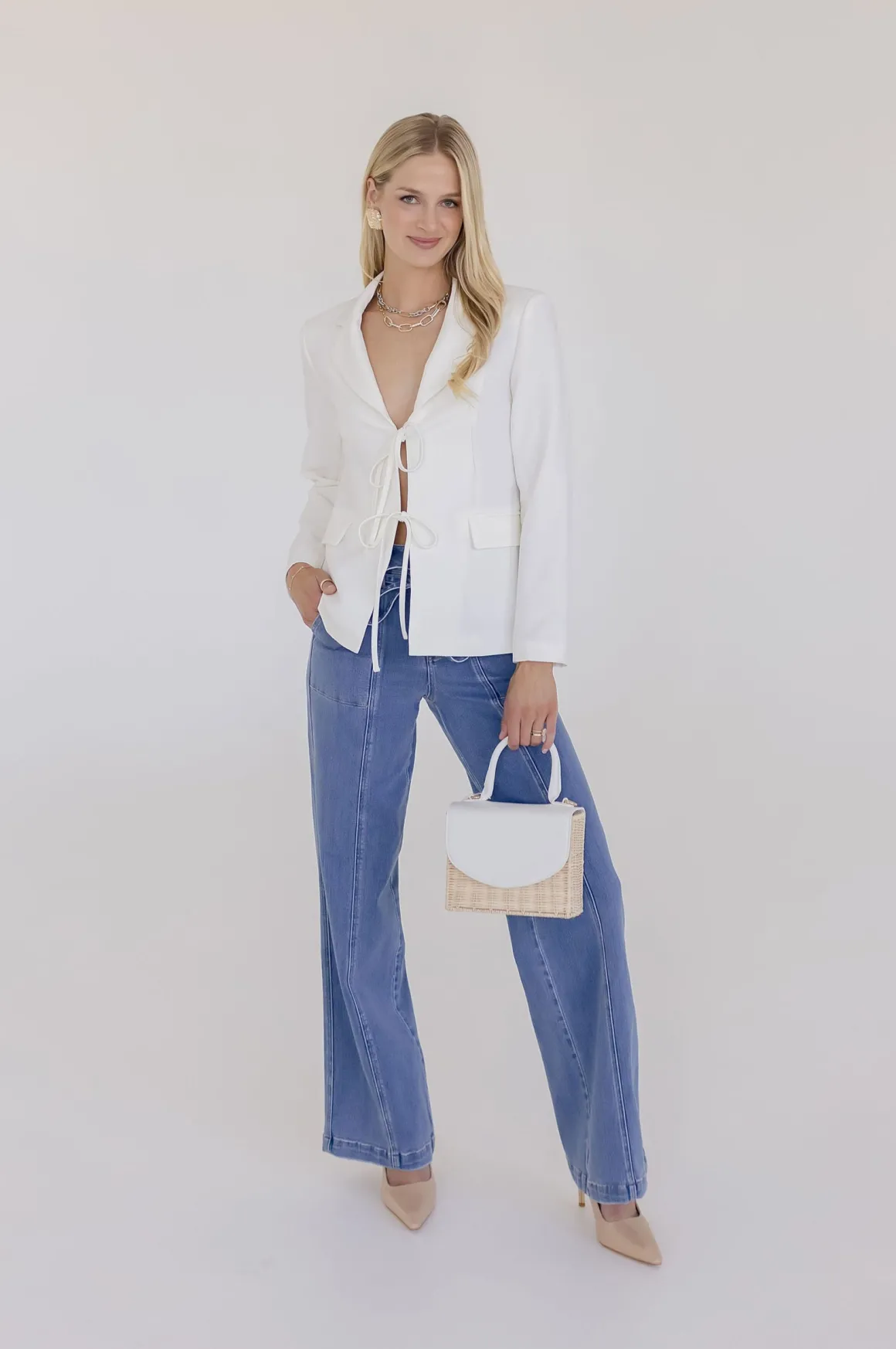 Estelle Long Sleeve Notched Lapel Front Tie Blazer White