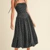 Everly Sleeveless Shoulder Tie Polka Dot Print Bubble Midi Dress Black