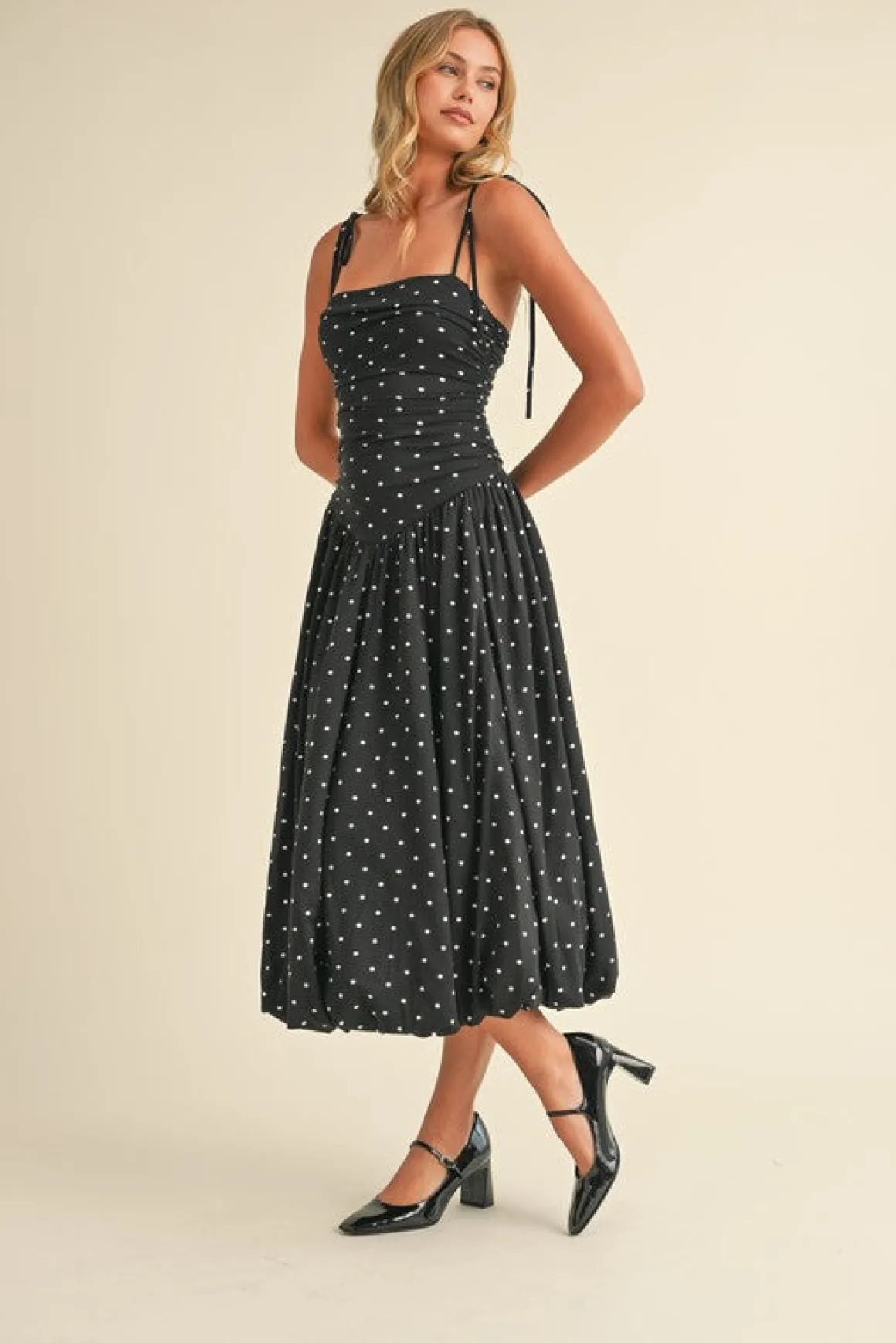 Everly Sleeveless Shoulder Tie Polka Dot Print Bubble Midi Dress Black