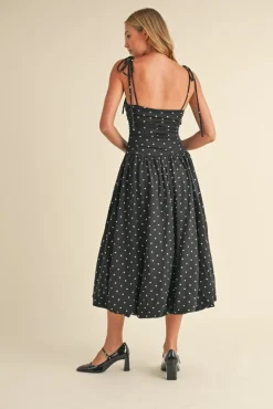 Everly Sleeveless Shoulder Tie Polka Dot Print Bubble Midi Dress Black