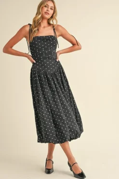 Everly Sleeveless Shoulder Tie Polka Dot Print Bubble Midi Dress Black
