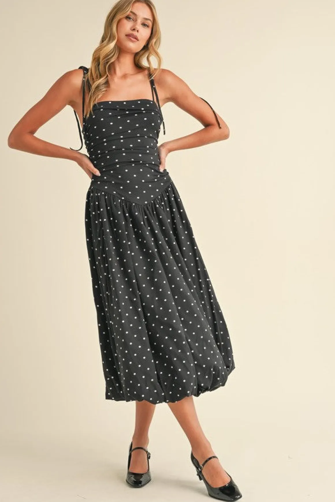 Everly Sleeveless Shoulder Tie Polka Dot Print Bubble Midi Dress Black