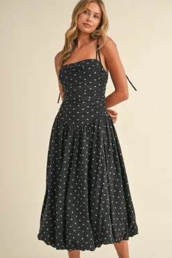 Everly Sleeveless Shoulder Tie Polka Dot Print Bubble Midi Dress Black
