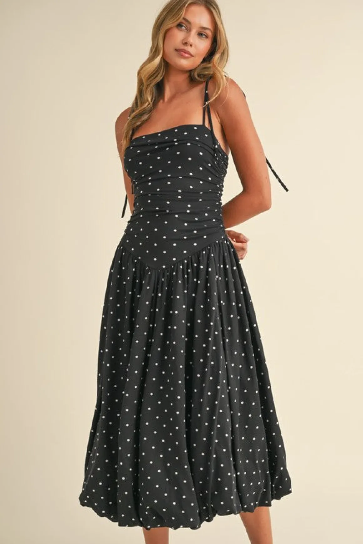 Everly Sleeveless Shoulder Tie Polka Dot Print Bubble Midi Dress Black