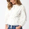 Faith Long Sleeve Button Down Waist Tie Eyelet Top White