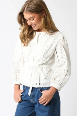 Faith Long Sleeve Button Down Waist Tie Eyelet Top White