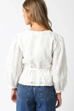 Faith Long Sleeve Button Down Waist Tie Eyelet Top White