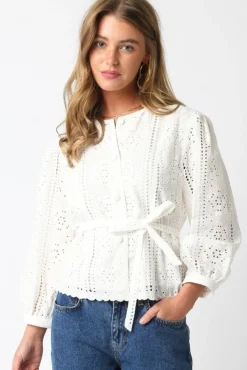 Faith Long Sleeve Button Down Waist Tie Eyelet Top White