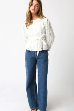Faith Long Sleeve Button Down Waist Tie Eyelet Top White
