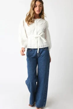 Faith Long Sleeve Button Down Waist Tie Eyelet Top White