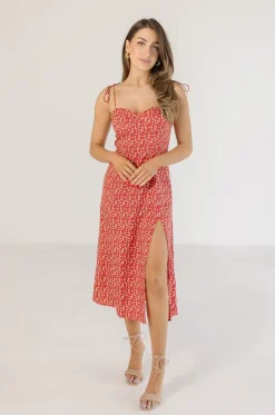 Farrah Sleeveless Shoulder Tie Floral Print Midi Dress Red